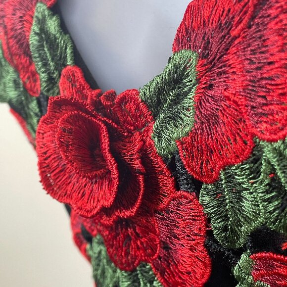 Vintage 90s Vampy Slip Dress Small 3D Floral Gothic Rose Bodycon Party Cocktail - Picture 4 of 11